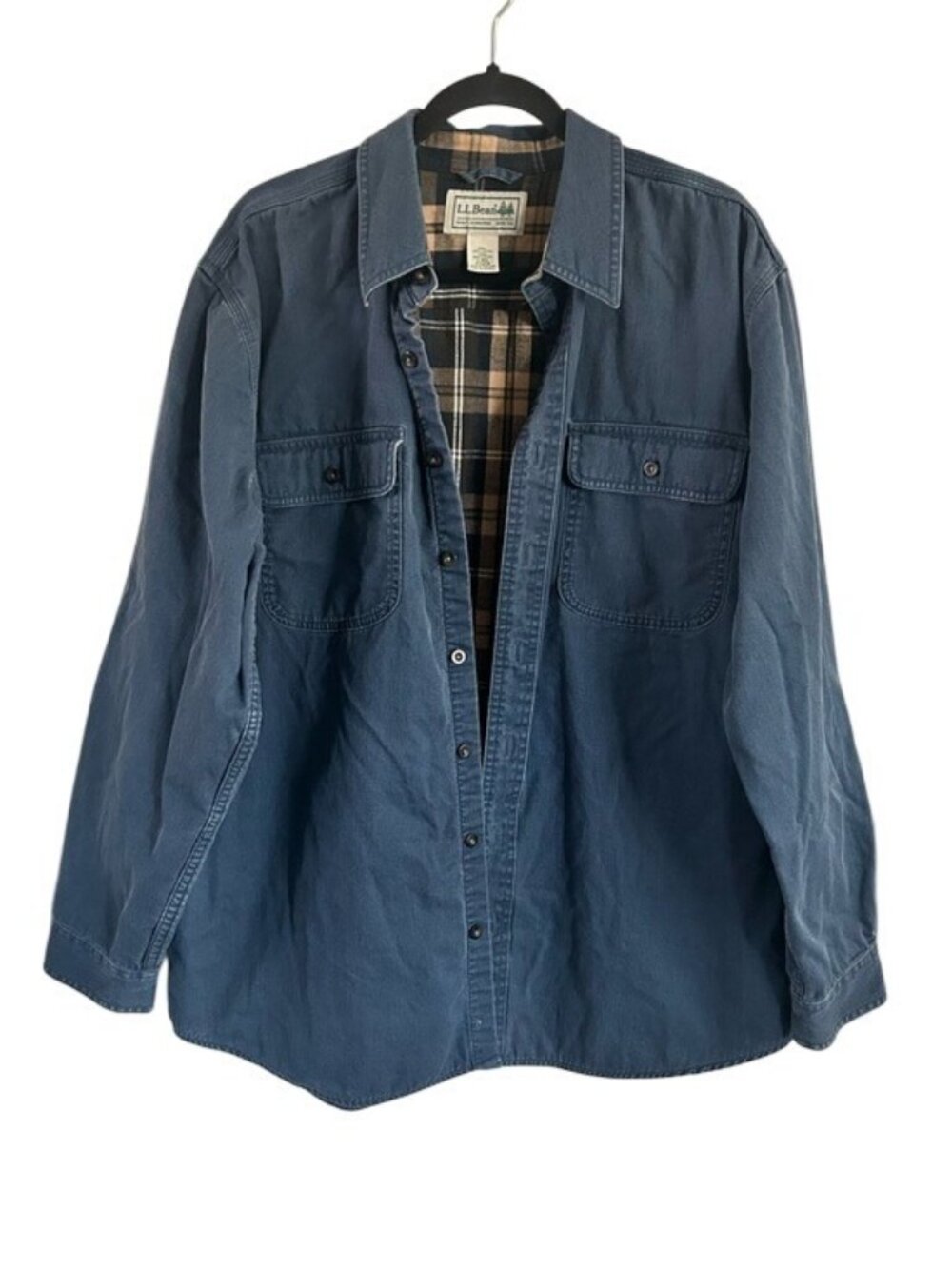 L.L. Bean Men’s Blue Cotton Shirt Jacket Plaid Flannel Lining Sz Lg Reg Outdoor
